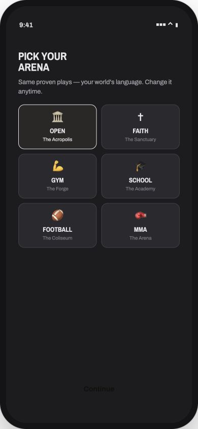 Choose your arena: Open, Faith, Gym, School, Football, or MMA